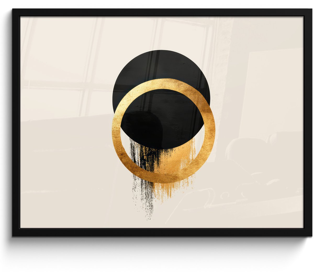 FrameYourWall Poster in lijst - Fotolijst 70x50 cm - Posters - Abstract ontwerp - Zwarte cirkel - Verfvlekken - Posterlijst zwart - Decoratie - Wanddecoratie woonkamer - Muurdecoratie slaapkamer Cirkels - Verfvlekken