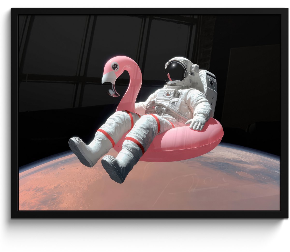 FrameYourWall Poster in lijst - Fotolijst 70x50 cm - Posters - Astronaut - Flamingo - Zwemband - Roze - Posterlijst zwart - Decoratie - Wanddecoratie woonkamer - Muurdecoratie slaapkamer