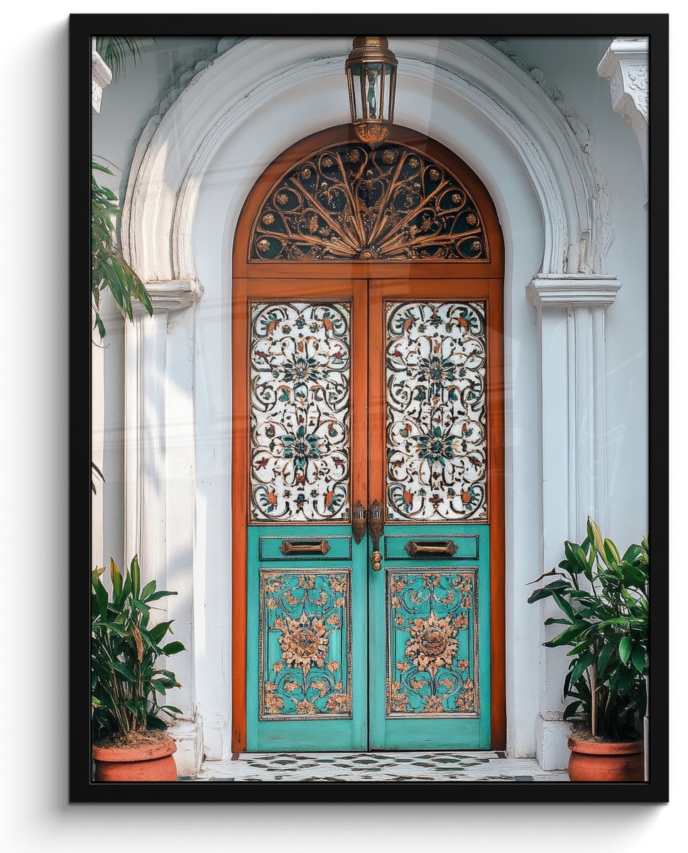 FrameYourWall Poster in lijst - Fotolijst 50x70 cm - Posters - Zuilen - Sierlijke - Deur - Blauw - Posterlijst zwart - Decoratie - Wanddecoratie woonkamer - Muurdecoratie slaapkamer Deur - Sierlijk