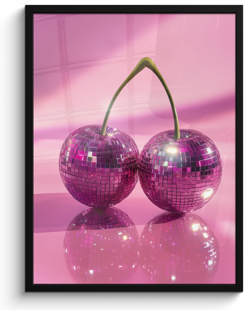 FrameYourWall Fotolijst inclusief poster - Posterlijst 50x70 cm - Posters - Glitter - Discobol - Roze - Kersen - Foto in lijst - Keuken decoratie muur - Wanddecoratie accessoires - Muurdecoratie - Schilderijen Disco - Kersen