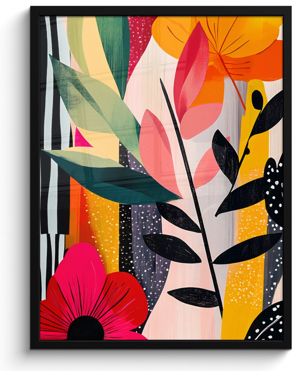 FrameYourWall Poster in lijst - Fotolijst 50x70 cm - Posters - Bloemen - Bladeren - Abstract - Kleurrijk - Posterlijst zwart - Decoratie - Wanddecoratie woonkamer - Muurdecoratie slaapkamer Bloemen - Kleurrijk - Stippen