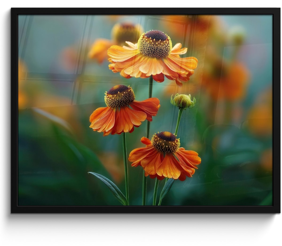FrameYourWall Poster in lijst - Fotolijst 70x50 cm - Posters - Oranje bloemen - Levendig - Wazige achtergrond - Posterlijst zwart - Decoratie - Wanddecoratie woonkamer - Muurdecoratie slaapkamer