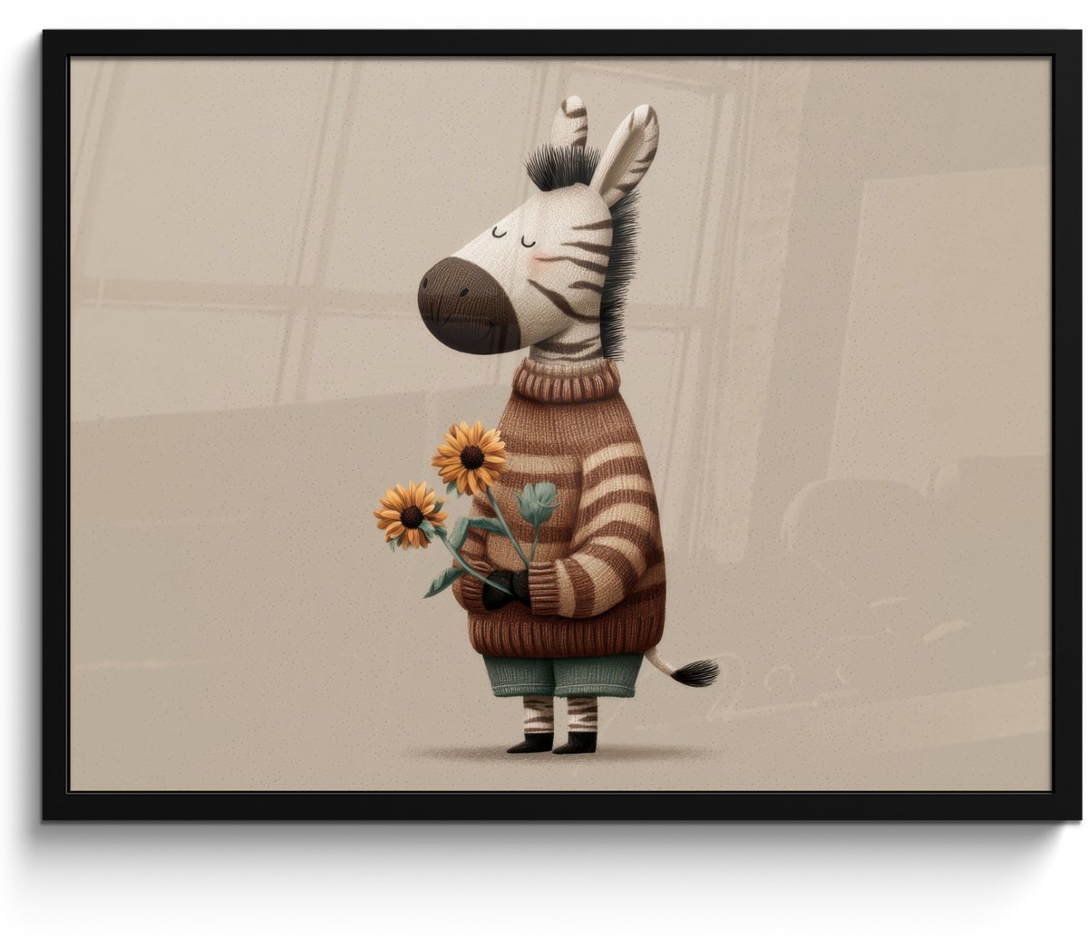 FrameYourWall Poster in lijst - Fotolijst 70x50 cm - Posters - Zebra - Zonnebloemen - Warm - Posterlijst zwart - Decoratie - Wanddecoratie woonkamer - Muurdecoratie slaapkamer