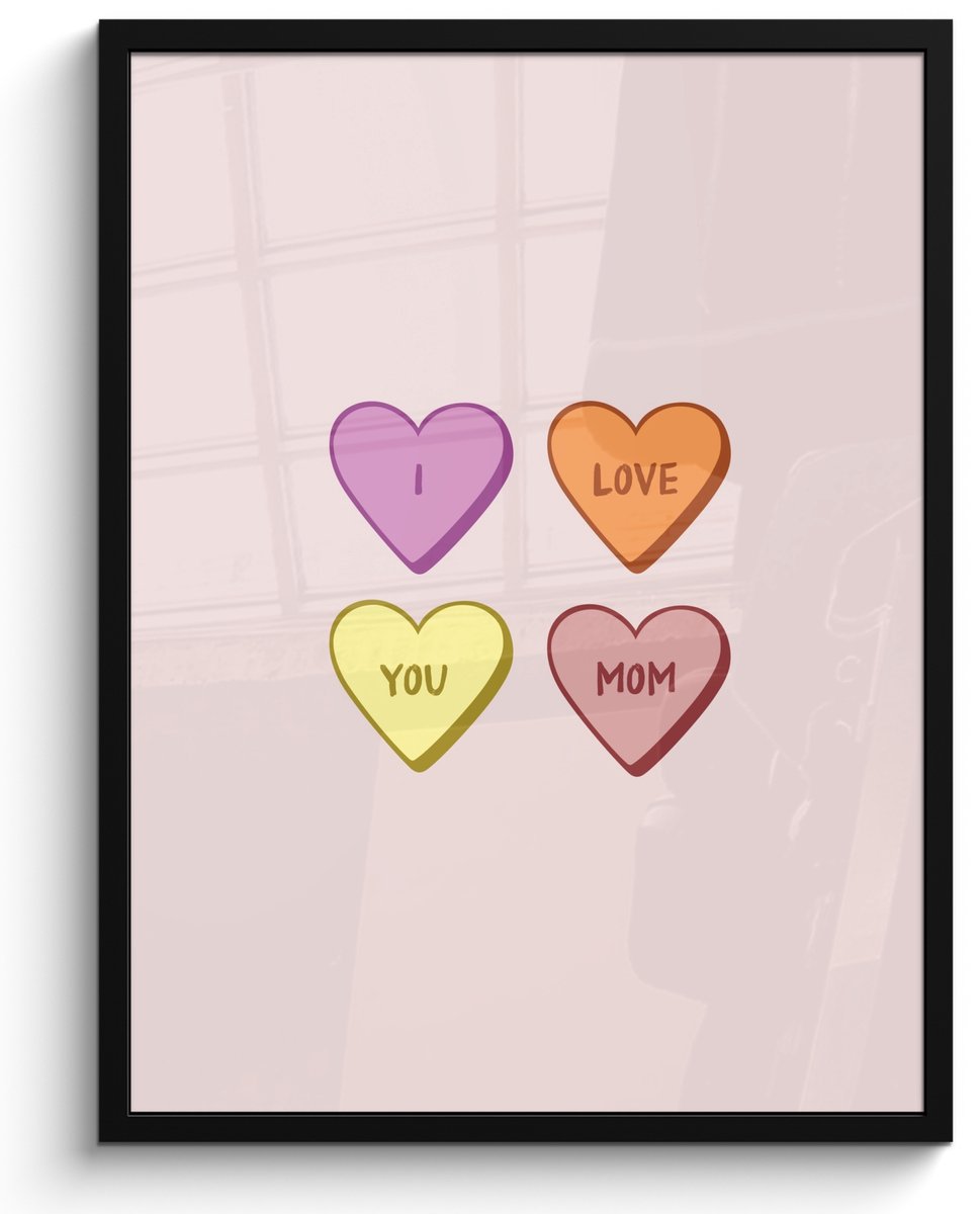 FrameYourWall Poster in lijst - Fotolijst 50x70 cm - Posters - Hartjes - Pastel - Liefde - Moeder - Posterlijst zwart - Decoratie - Wanddecoratie woonkamer - Muurdecoratie slaapkamer Hartjes - Pastel - Tekst
