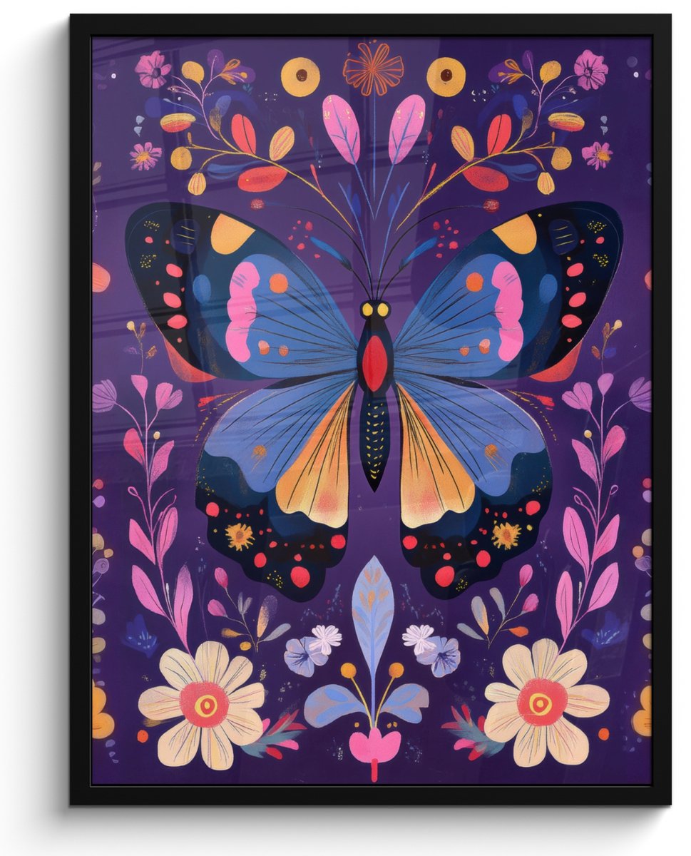FrameYourWall Poster in lijst - Fotolijst 50x70 cm - Posters - Sierlijk - Bloemen - Vlinder - Paars - Posterlijst zwart - Decoratie - Wanddecoratie woonkamer - Muurdecoratie slaapkamer Vlinder - Kleurrijk