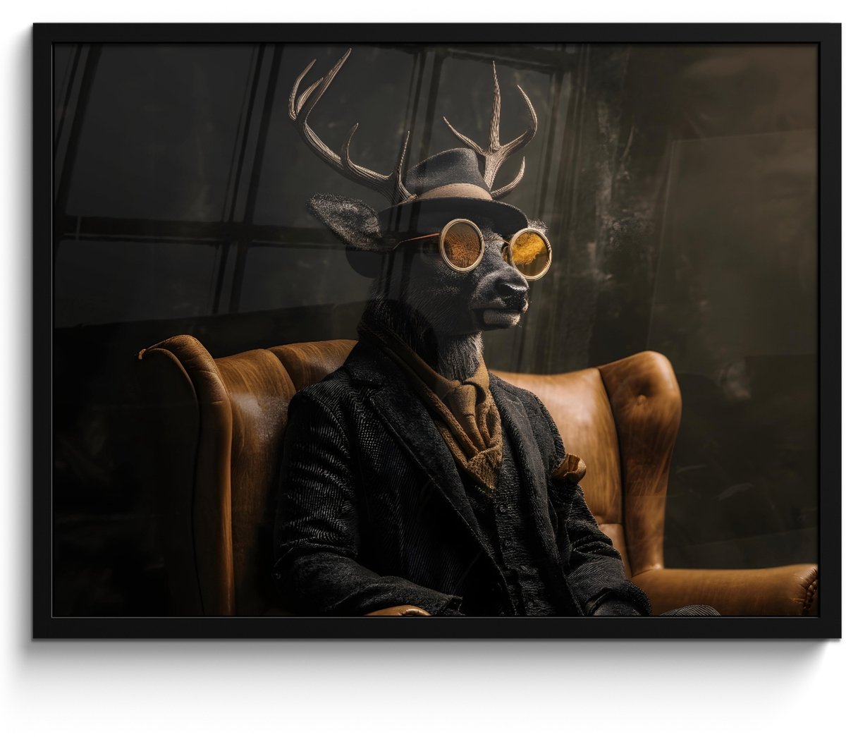 FrameYourWall Poster in lijst - Fotolijst 70x50 cm - Posters - Hert - Zonnebril - Zwart - Pak - Posterlijst zwart - Decoratie - Wanddecoratie woonkamer - Muurdecoratie slaapkamer Beer - Hoed