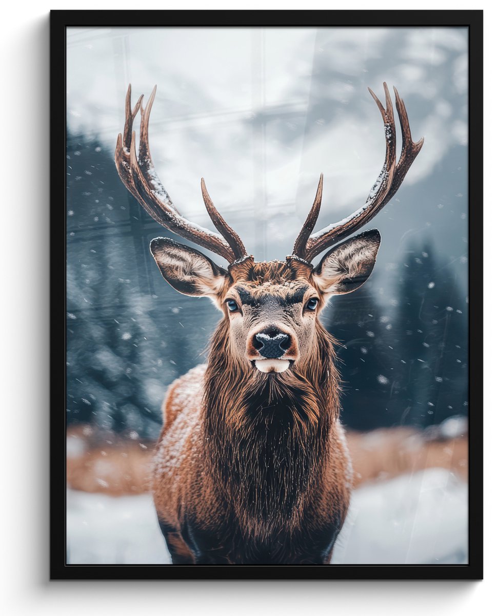 FrameYourWall Poster in lijst - Fotolijst 50x70 cm - Posters - Hert - Dieren - Landschap - Winter - Sneeuw - Posterlijst zwart - Decoratie - Wanddecoratie woonkamer - Muurdecoratie slaapkamer