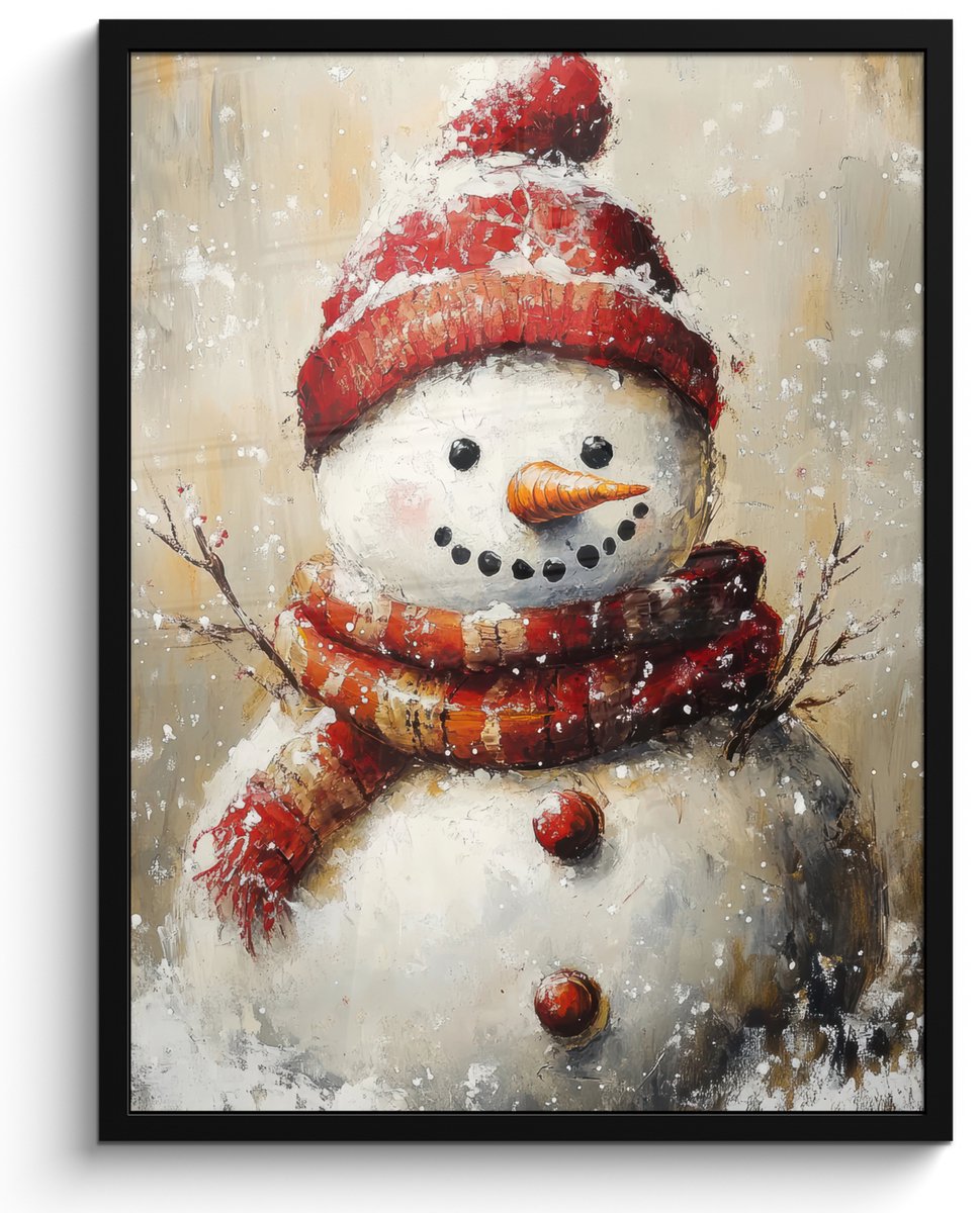 FrameYourWall Poster in lijst - Fotolijst 50x70 cm - Posters - Sneeuwpop - Winter - Sneeuw - Beige - Posterlijst zwart - Decoratie - Wanddecoratie woonkamer - Muurdecoratie slaapkamer