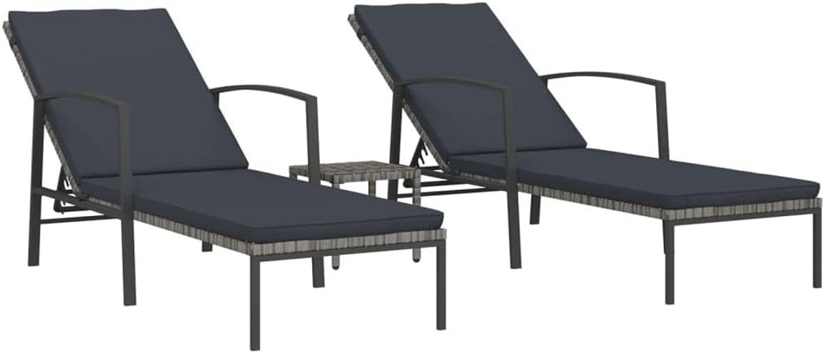 2-delige Ligbedden Set met Tafel - Verstelbaar Poly Rotan Tuin Loungers Grijs