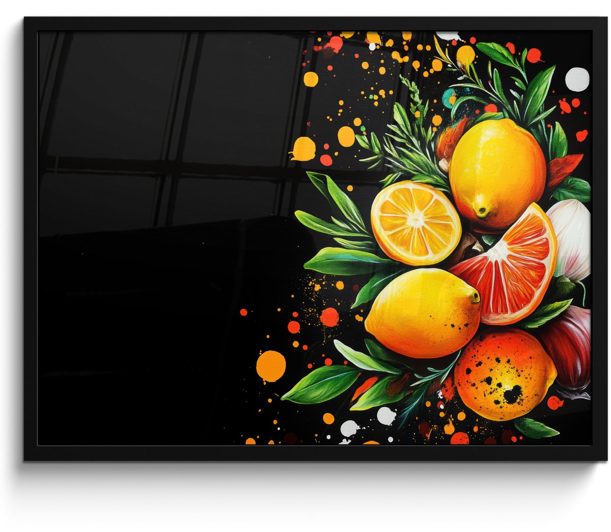 FrameYourWall Poster in lijst - Fotolijst 70x50 cm - Posters - Citroenen - Zwart - Kruiden - Graffiti - Verf - Posterlijst zwart - Decoratie - Wanddecoratie woonkamer - Muurdecoratie slaapkamer Graffiti - Fruit