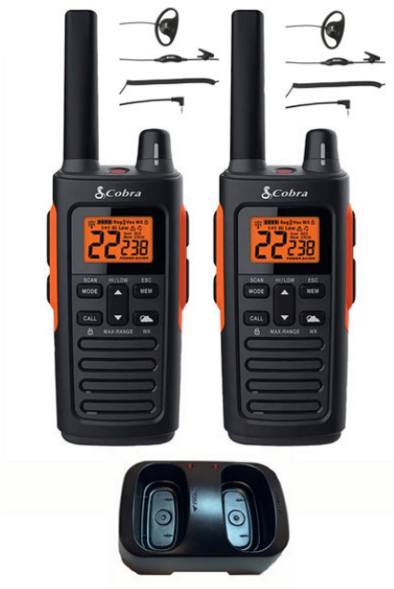 Set van 2 Cobra RX680 PMR446 portofoons IP54 met tafellader en D-shape oortje