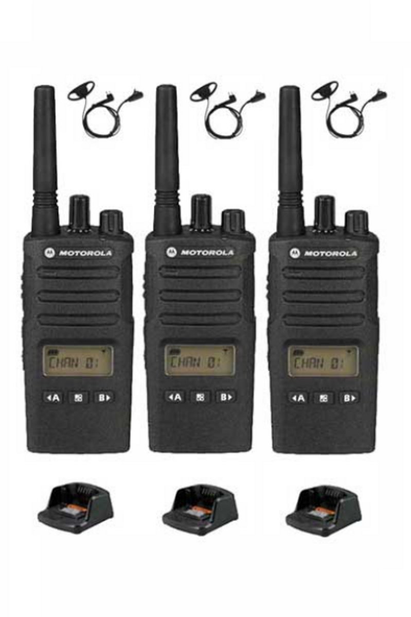 Set van 3 Motorola XT460 IP55 PMR446 met D-shape oortje M1 2-Pins en tafellader