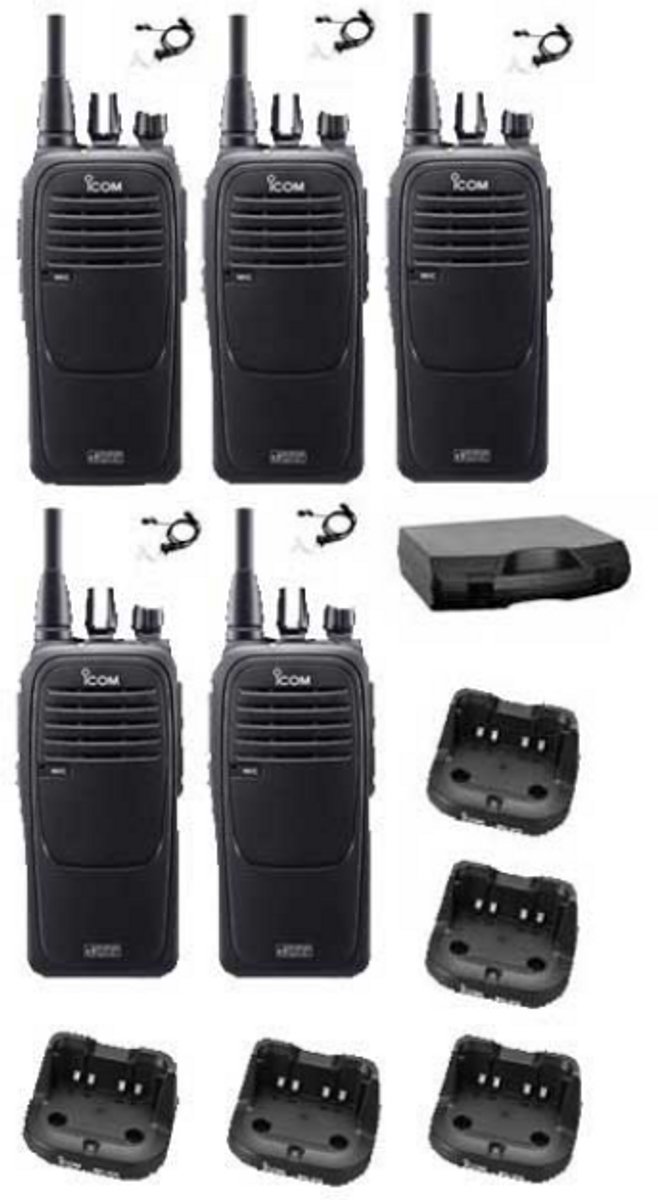 Set van 5 Icom IC-F29DR3 portofoons met beveiliging headsets en koffer