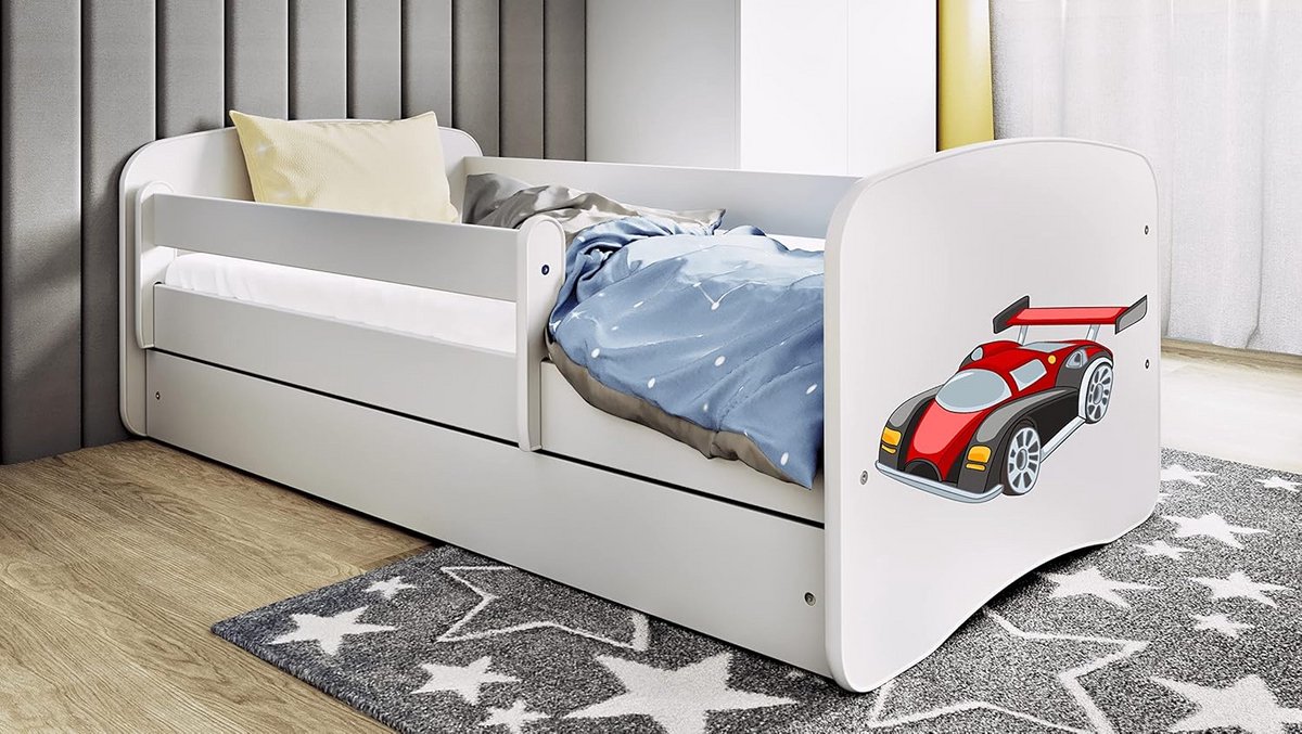 Uitschuifbaar Kinderbed met Matras, Lade en Valbeveiliging - Groeiende Bedden 70x140 tot 80x180 cm