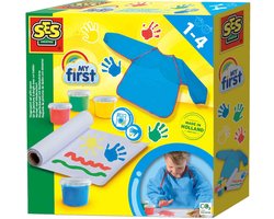 SES Creative - My First - Vingerverf set met Kliederschort - 4 kleuren Vingerverf (4x110ml) met Verfschort en Papier - Goed Uitwasbaar – Glutenvrij – Speelgoed 1 tot 4 jaar