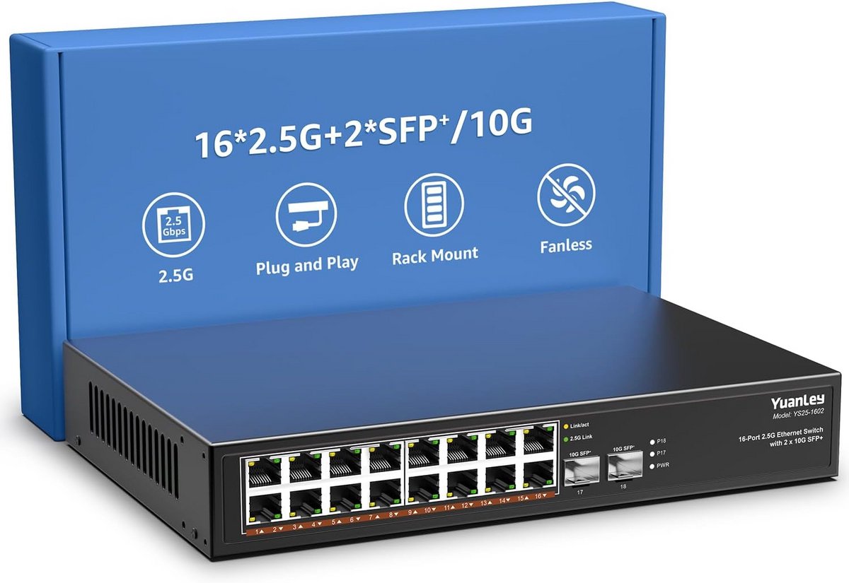 18-poorts 2,5G netwerkswitch 16x 2,5GbE 2x 10G SFP+ desktop rackmount