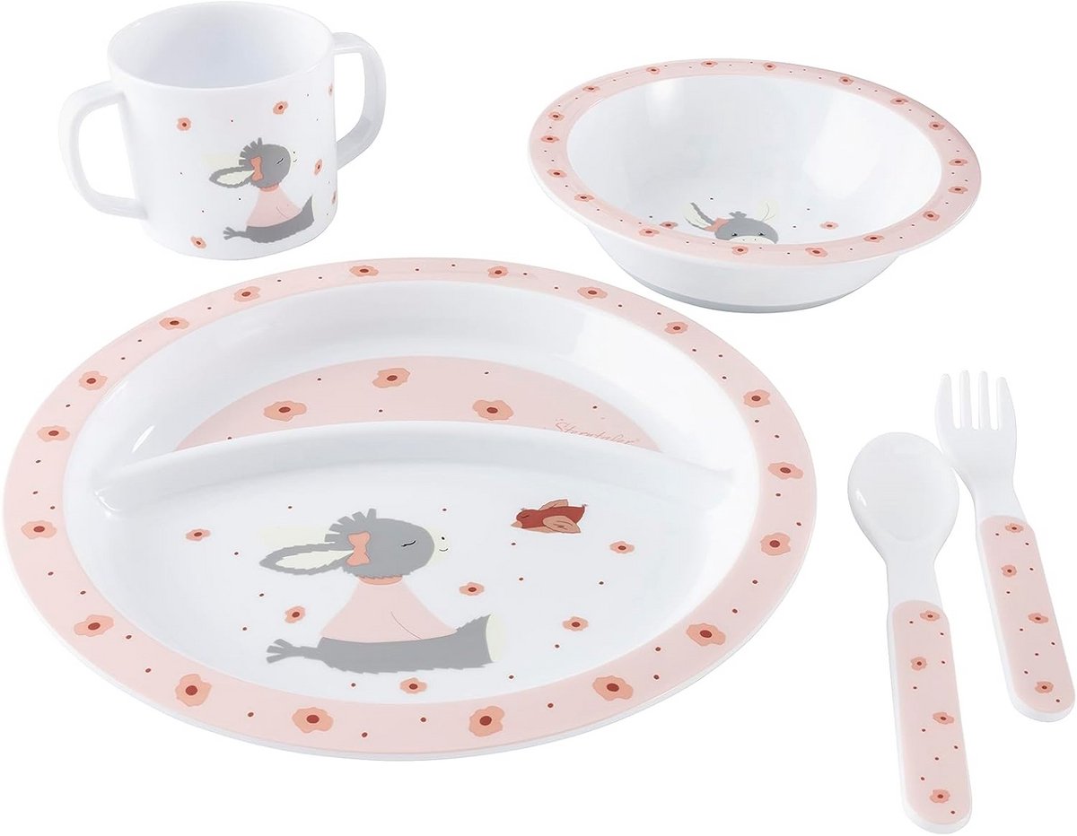 Kinderserviesset met beker, bord, kom en bestek - schattig print motief - vaatwasserbestendig - inclusief anti-slip silicone onderkant