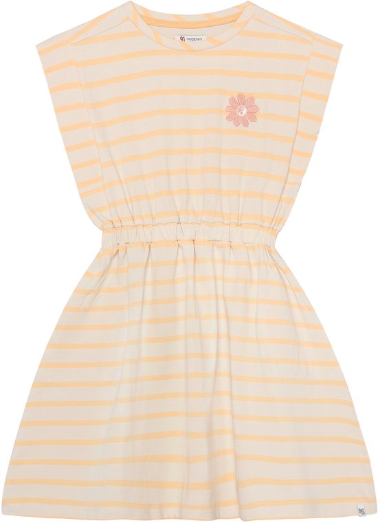 Beige jurk met oranje strepen, elastische taille en geborduurde bloem op de borst.
