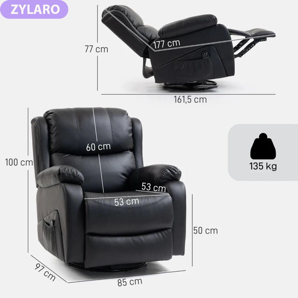 Elektrische Massagestoel - Massagefauteuil met Verwarming en 360°-Draaifunctie - 8 Vibratiekoppen - Kantelbaar tot 145° - tot 135 kg - met Afstandsbediening - Relaxfauteuil - Relaxstoel - TV stoel - Zwart – foto 4