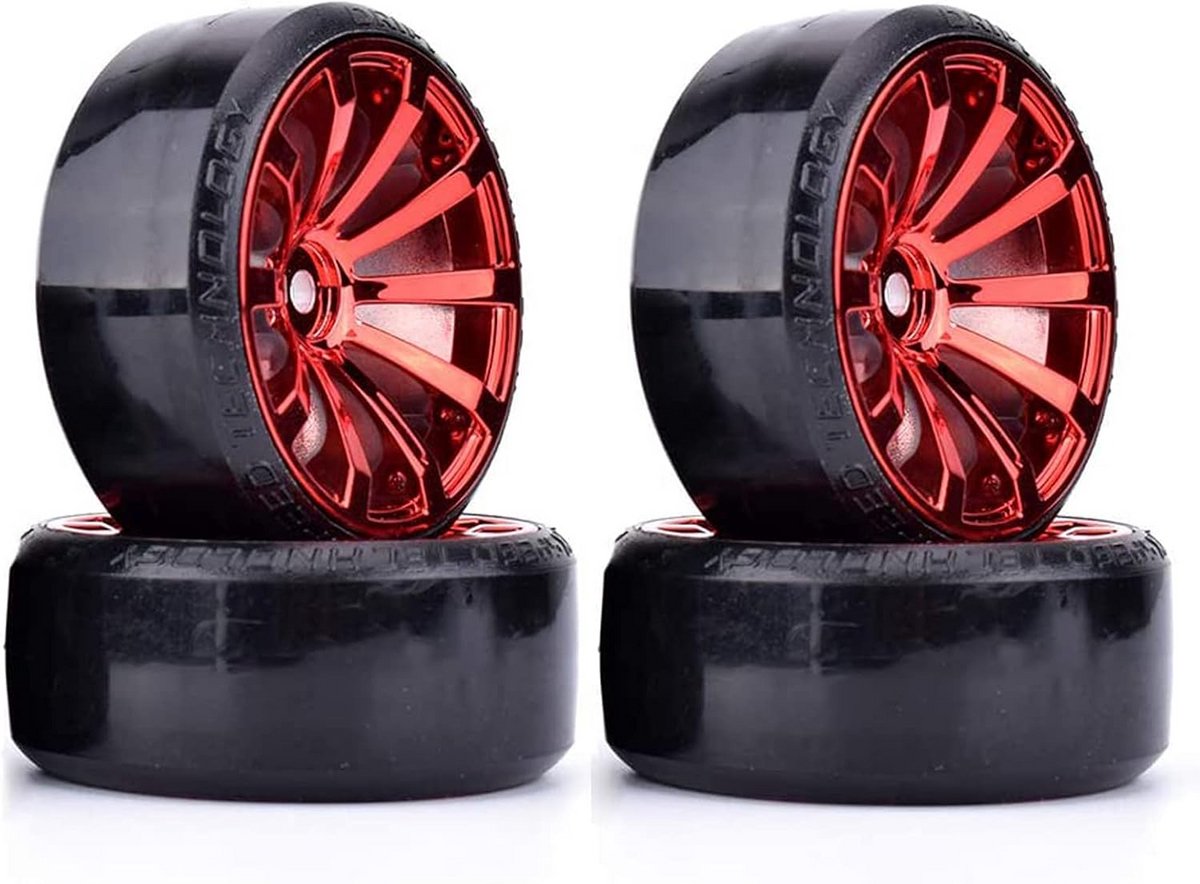 RC Drift Auto Wielen en Banden Set 63mm Kunststof Harde Banden 12mm Naaf (Rood)