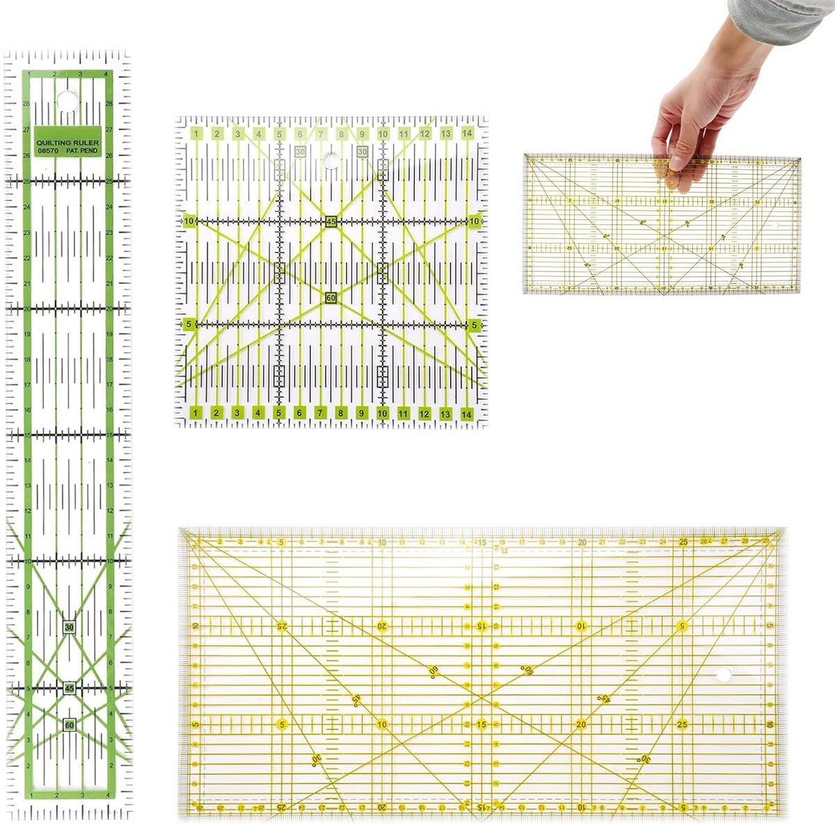 Patchwork Liniaal Set - Naaigereedschap Acryl - Nauwkeurig Meten - Antislip Ontwerp - 3 Maten Set - Transparant