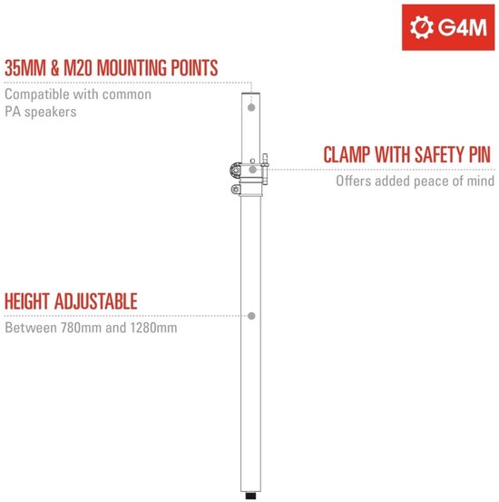 G4M speakerstatief met 35mm & M20 montagepunten, hoogte verstelbaar tussen 780 en 1280mm, met klem en veiligheidsspeld.