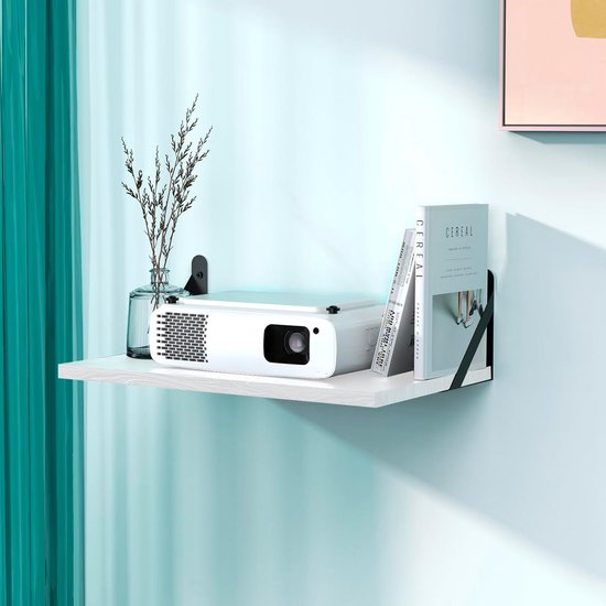 Projector wandplank massief hout 25×40 cm wit zwevende media plank met verstelbare metalen beugels opbergruimte