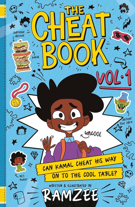 De cover van 'The Cheat Book Vol. 1', met een lachende jongen met warrig haar en een paarse trui. Tekst: 'Can Kamal cheat his way on to the cool table?'. Geschreven & geïllustreerd door Ramzee.