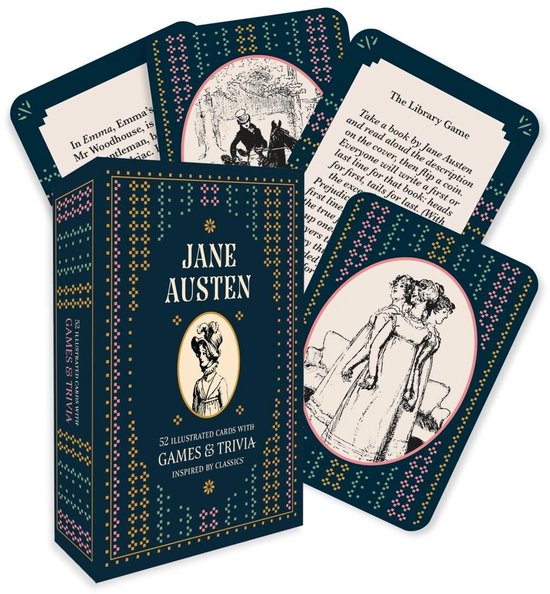 Box met Jane Austen spellen en trivia kaarten. De kaarten tonen illustraties en tekst over Jane Austen.