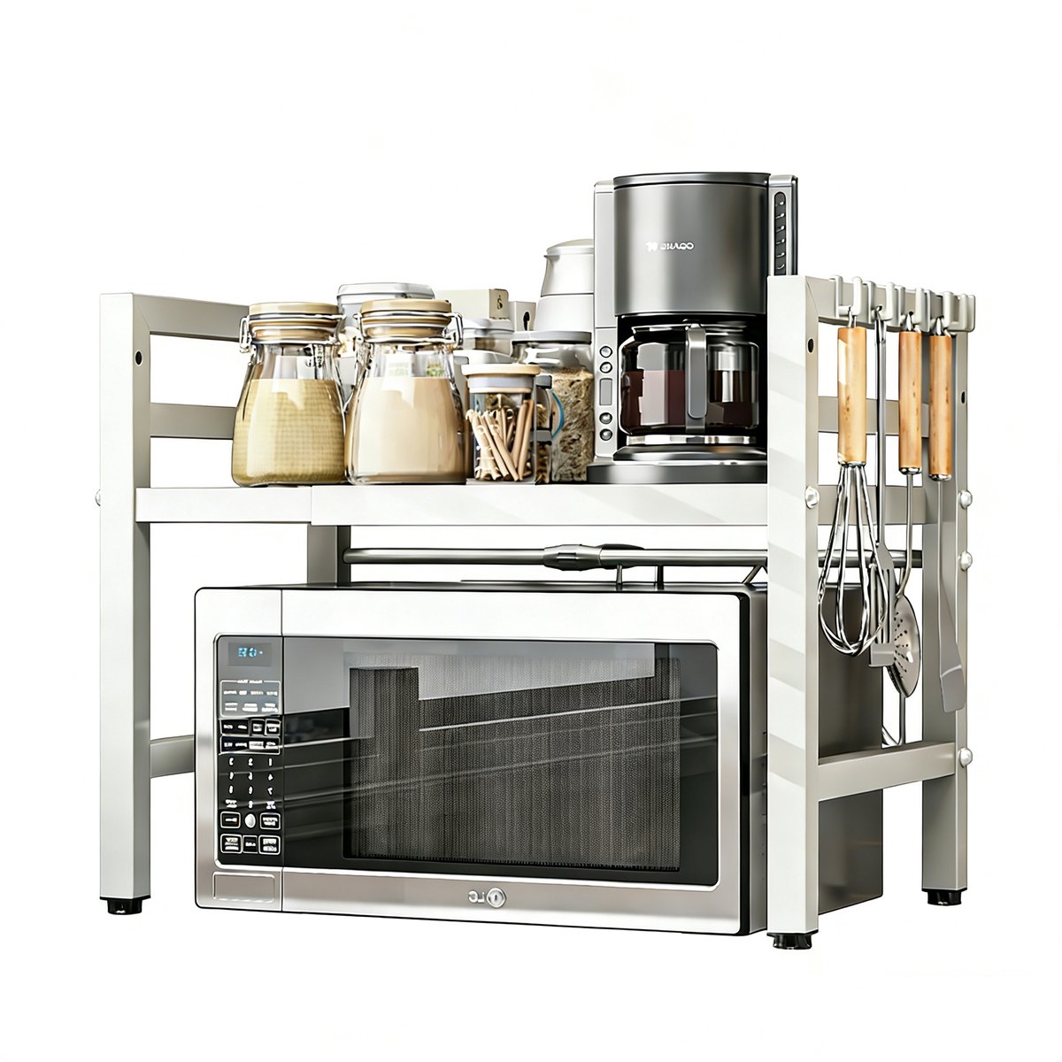 Hearyoo Magnetron Rek Uitschuifbaar 40-64cm – Magnetron Standaard Met 6 Haken – Verstelbare Hoogte 32/42 cm – Wit