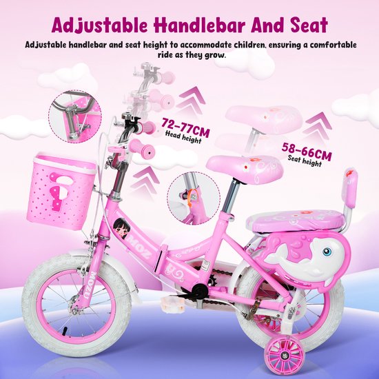 Meisjesfiets met Zijwieltjes - 16 Inch Kinderfiets voor Meisjes van 2-12 Jaar (100-120 cm) - Inclusief Mandje & Poppenstoeltje - Opvouwbaar & Verstelbaar - Roze — afbeelding 4