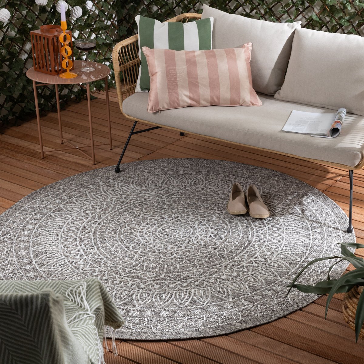 Fraai Rond Buitenkleed - Summer Azteca Lichtgrijs - Ø 160cm