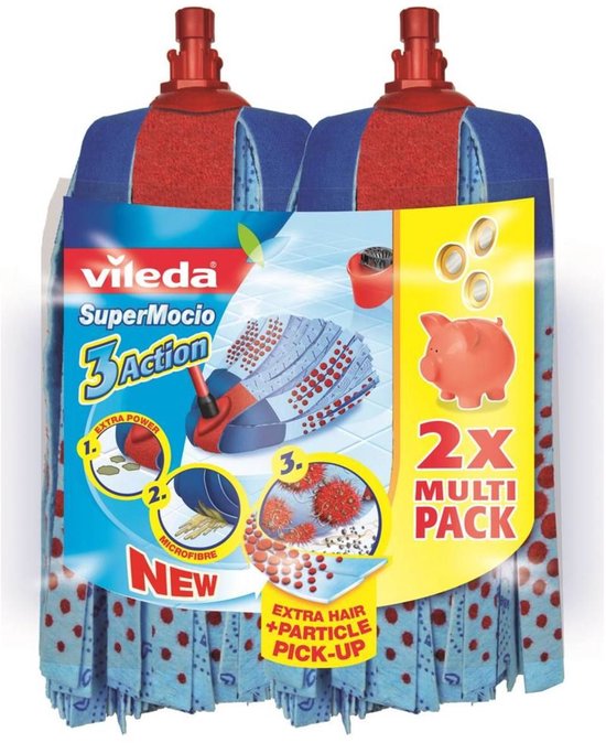 Vileda SuperMocio 3Action mop navullingen, 2 stuks. Blauw met rode stippen.