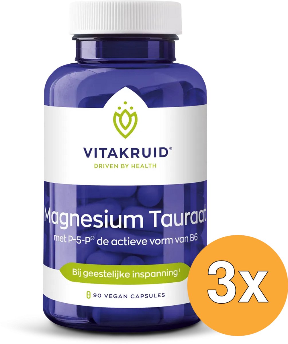 3x Vitakruid Magnesium Tauraat met Vitamine B6 (P-5-P) (90 vega capsules)