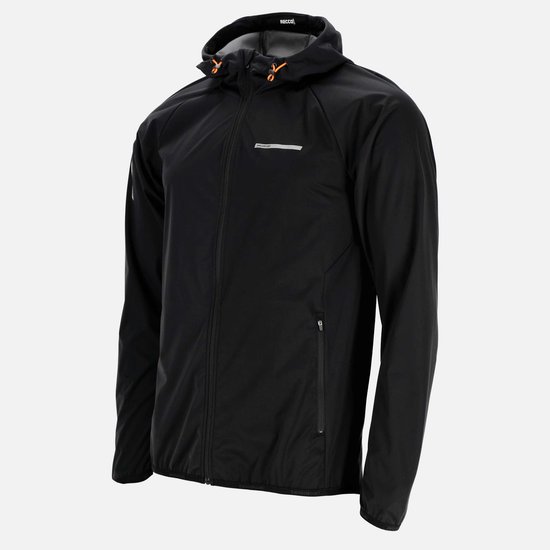 Zwarte, lichte hardloopjas met capuchon voor heren, met rits en "RECCO" logo aan de binnenkant kraag.