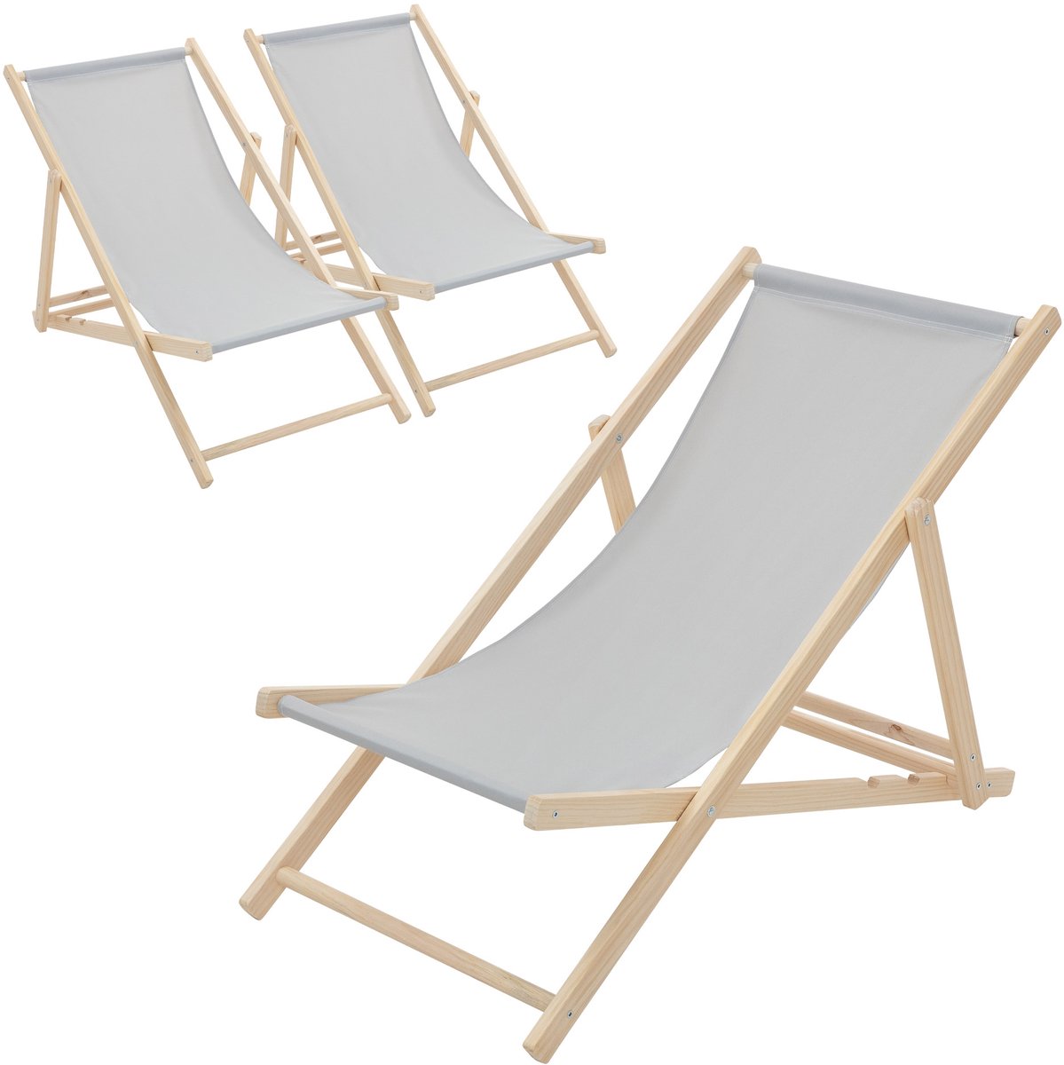Ligstoel set van 3 opvouwbare houten ligstoelen 3 ligstanden tot 120 kg Lichtgrijs