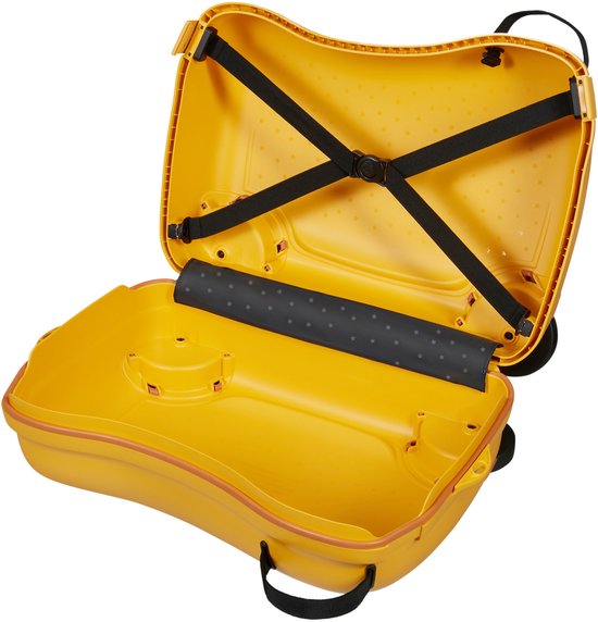 Open gele koffer met zwarte elastische banden en handvatten.