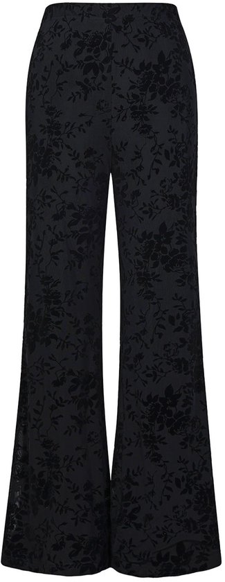 Zwarte broek met wijde pijpen en een reliëf bloemenprint.