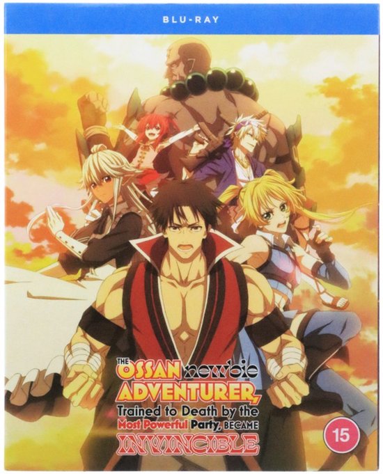 Anime Blu-ray van "The Ossan Newbie Adventurer", met een groep stoere personages op een oranje achtergrond.