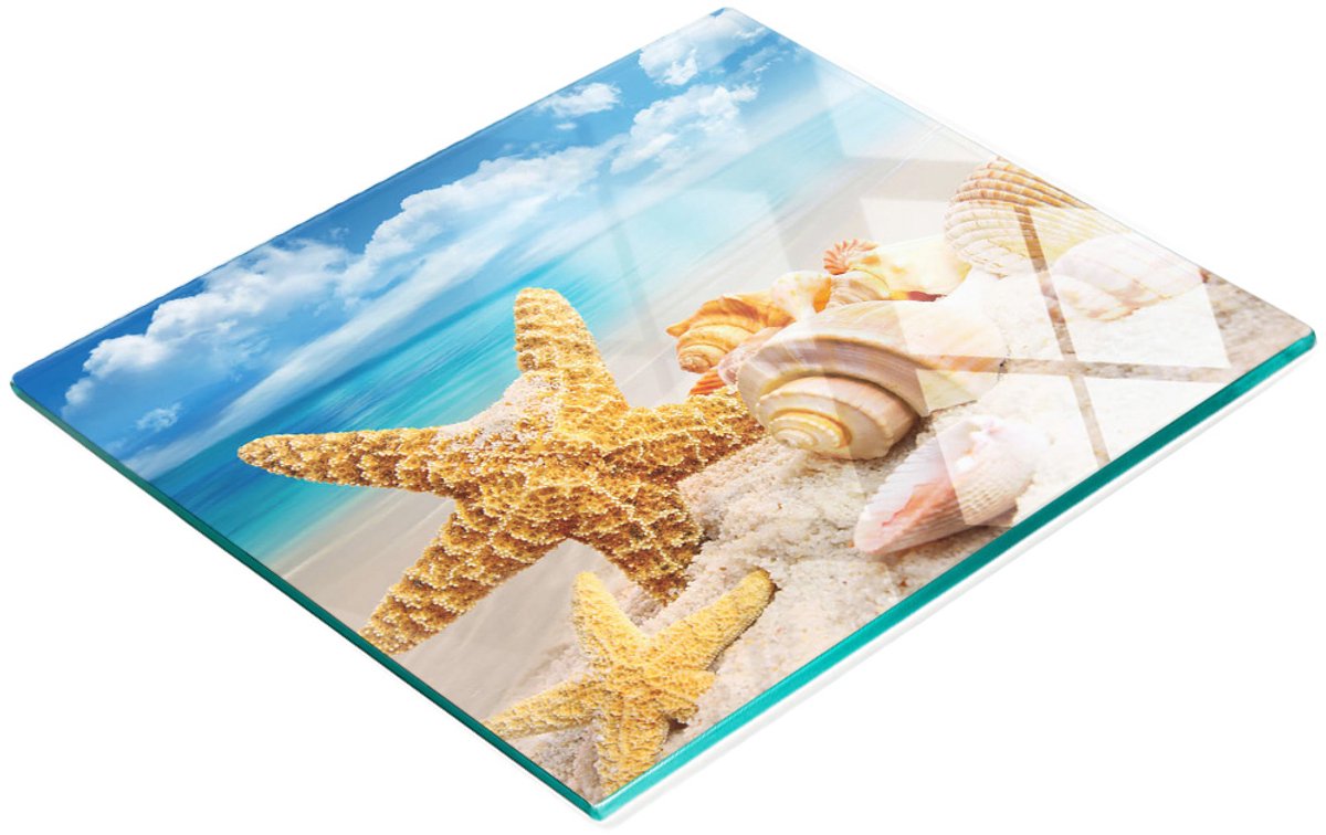 Decoratieve snijplank van gehard glas met zeesterren en schelpen, 60x52 cm