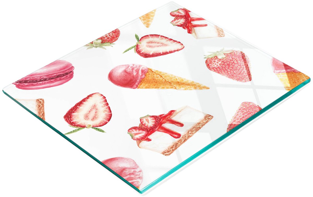 Duurzame en stijlvolle snijplank van gehard glas met dessertmotief, 60x52 cm
