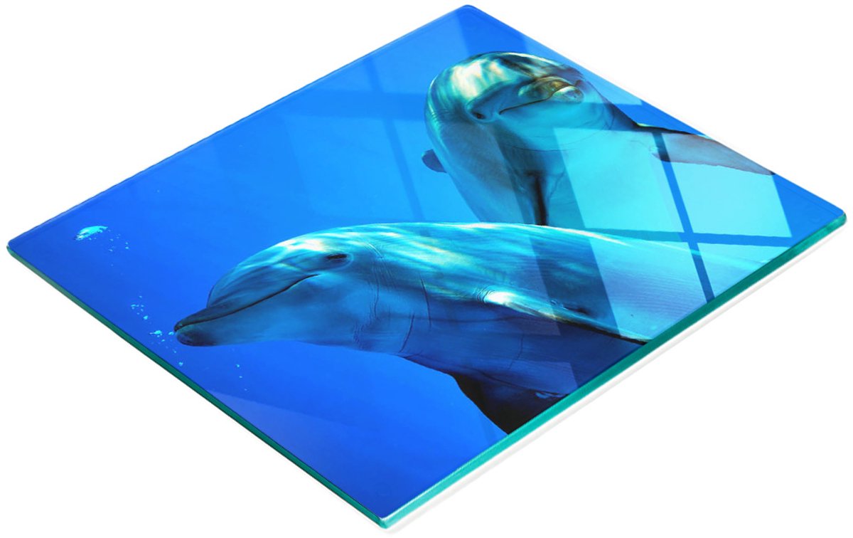 Multifunctioneel decoratief keukenbord van gehard glas met twee dolfijnen, 60x52 cm