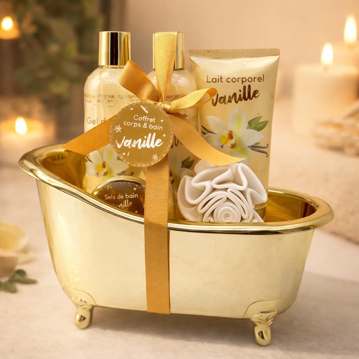 Badkuip Geschenkset - Ontspanningspakket - Thuis Spa - Geurige Vanille - 190ml 260ml 80g - Goud