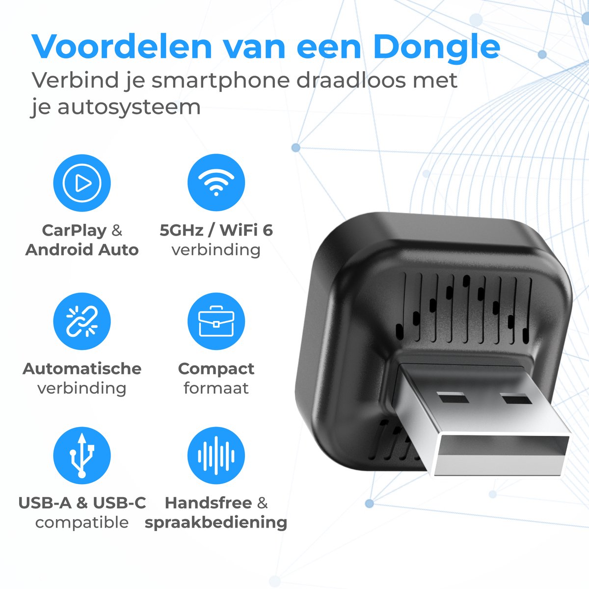 Draadloze CarPlay Dongle USB & USB-C, Bluetooth, WiFi 6, Android Auto en CarPlay, compacte auto adapter - Afbeelding 2