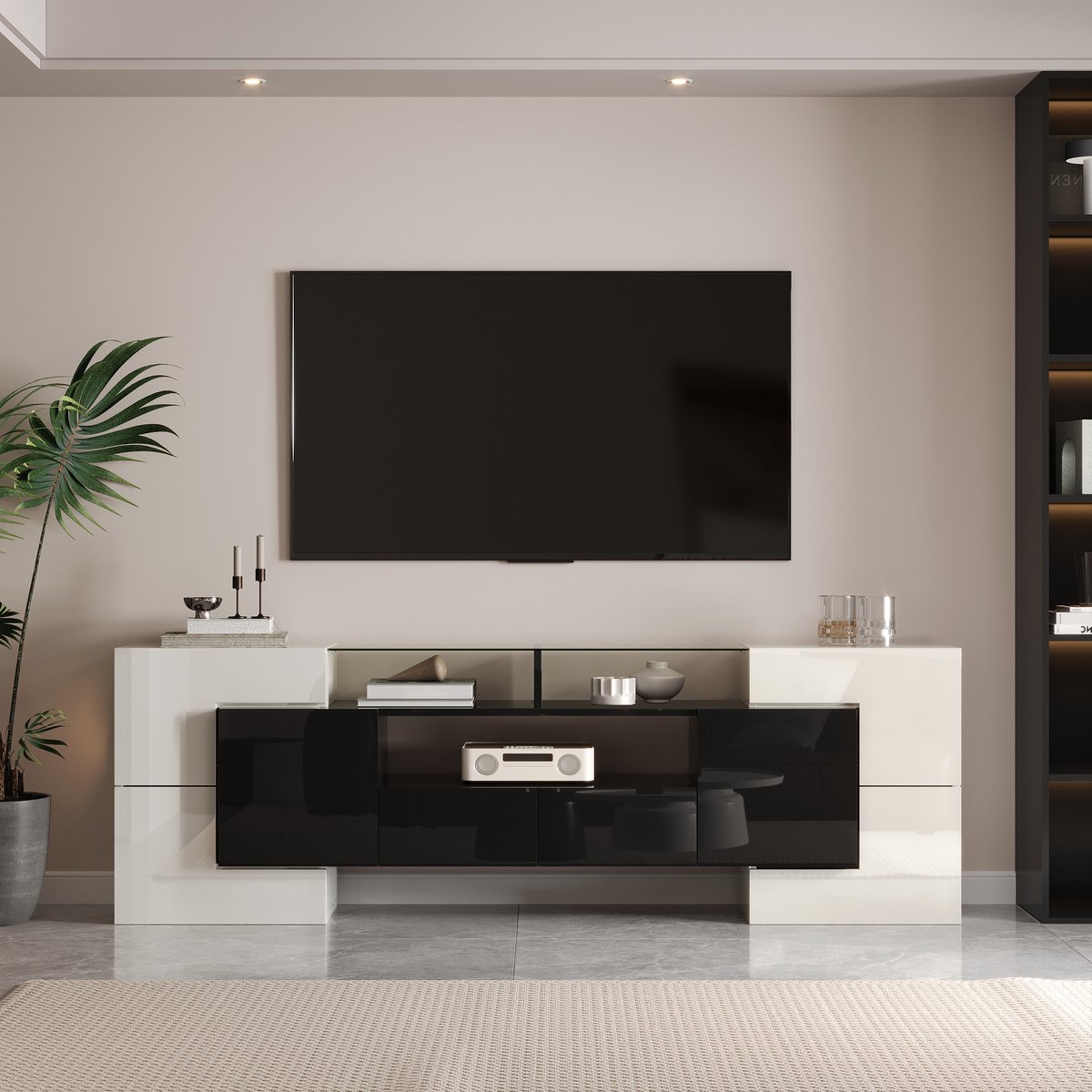 MODFU - Tv-Meubel - 6 Deuren En 2 Laden - Ledverlichting - Modern - Spaanplaat En Glas - W