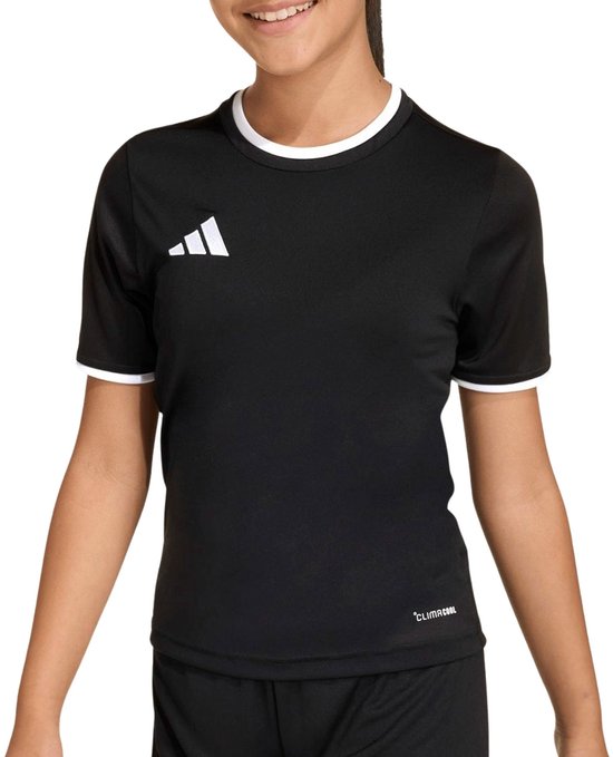 Maillot de football Adidas noir avec col et poignets blancs, et un logo Adidas blanc sur la poitrine. Détail CLIMALITE sur l'ourlet.