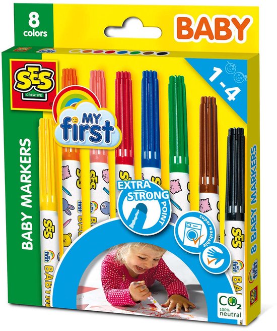 SES Creative - My First - Baby Markers - 8 Kleuren Stiften - Veilige Dop - Ronde, Stevige Punt - Makkelijk Uitwasbaar – 1 tot 4 jaar