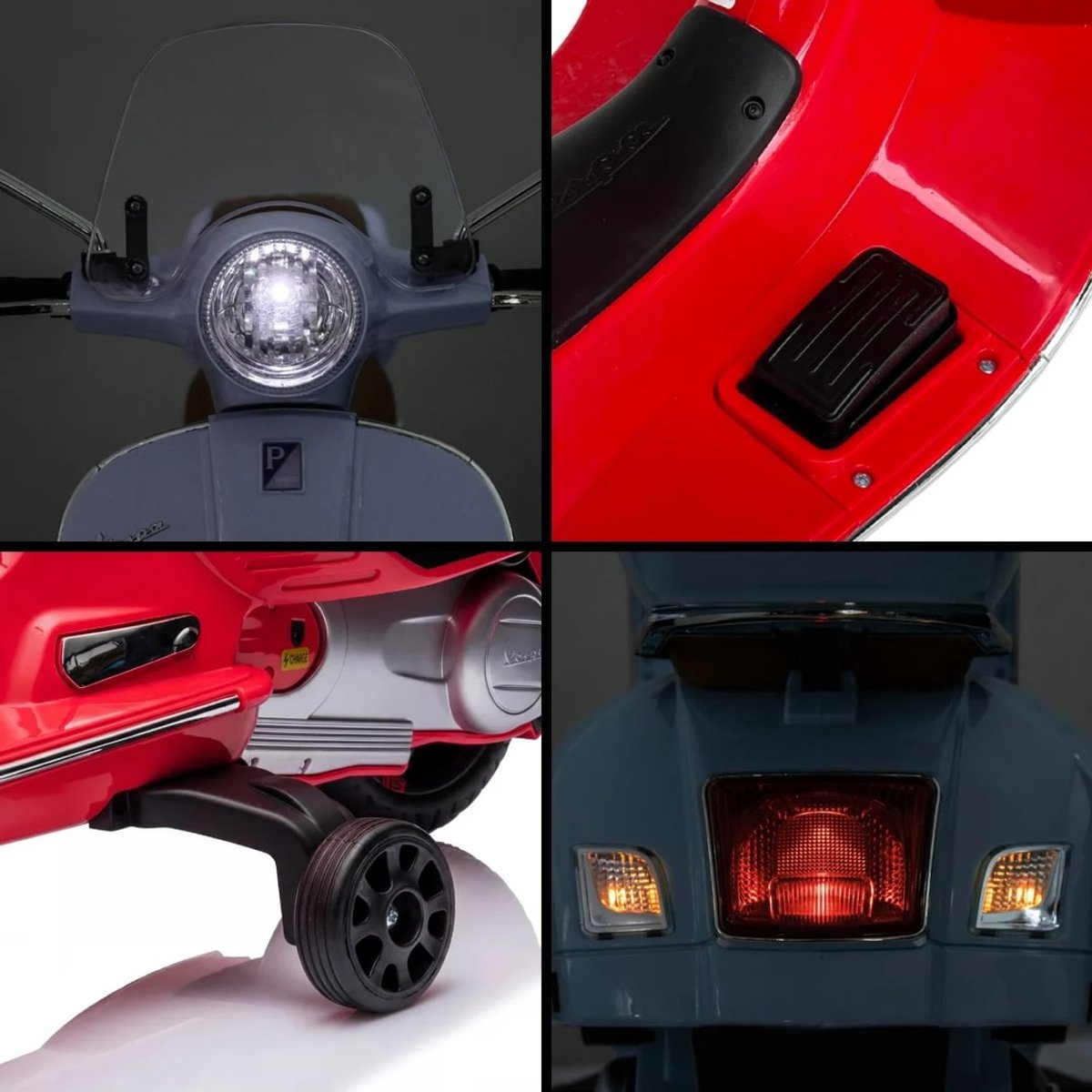 Vespa GT Full Option Elektrische Kinderscooter 3 tot 6 jaar – Officieel Gelicentieerde Kinder Vespa met Kofferbak & Verwijderbare Zijwieltjes – Li-ion Kindermotor met Kunstlederen Zitje, MP3 AUX & USB – Rood — afbeelding 4