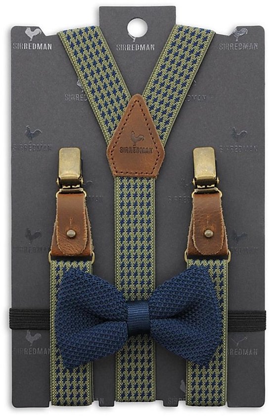 Groen/blauw geruite bretels met een donkerblauwe strik en bruine lederen details.