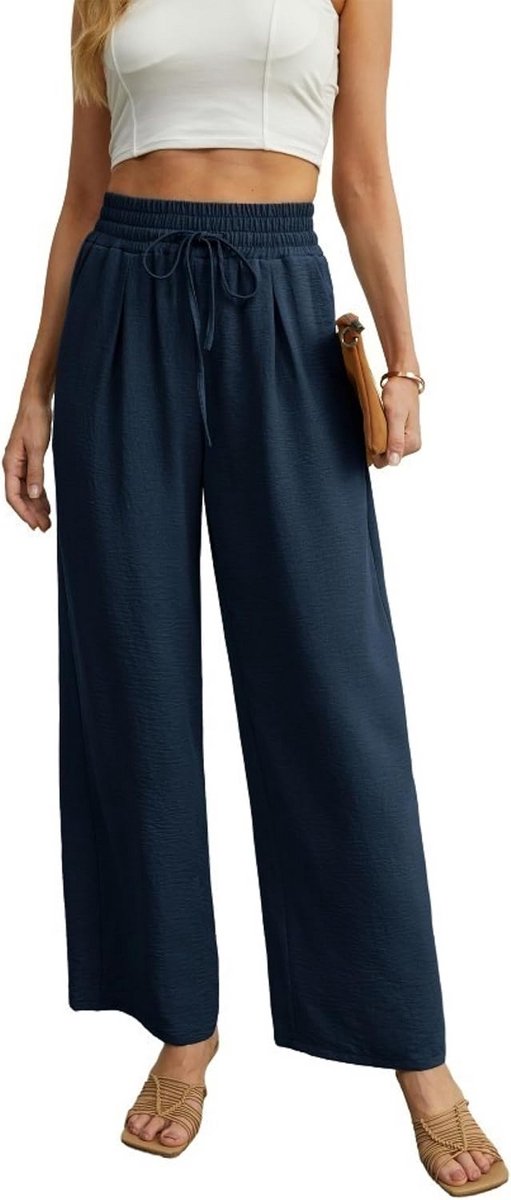 Dames Wijde Pijpen Broek met Hoge Taille Elastische Trekkoord Zakken